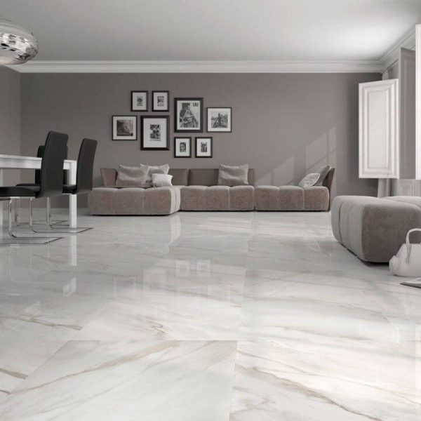 Calacatta White Gloss Floor Tiles - Beige Vein Design